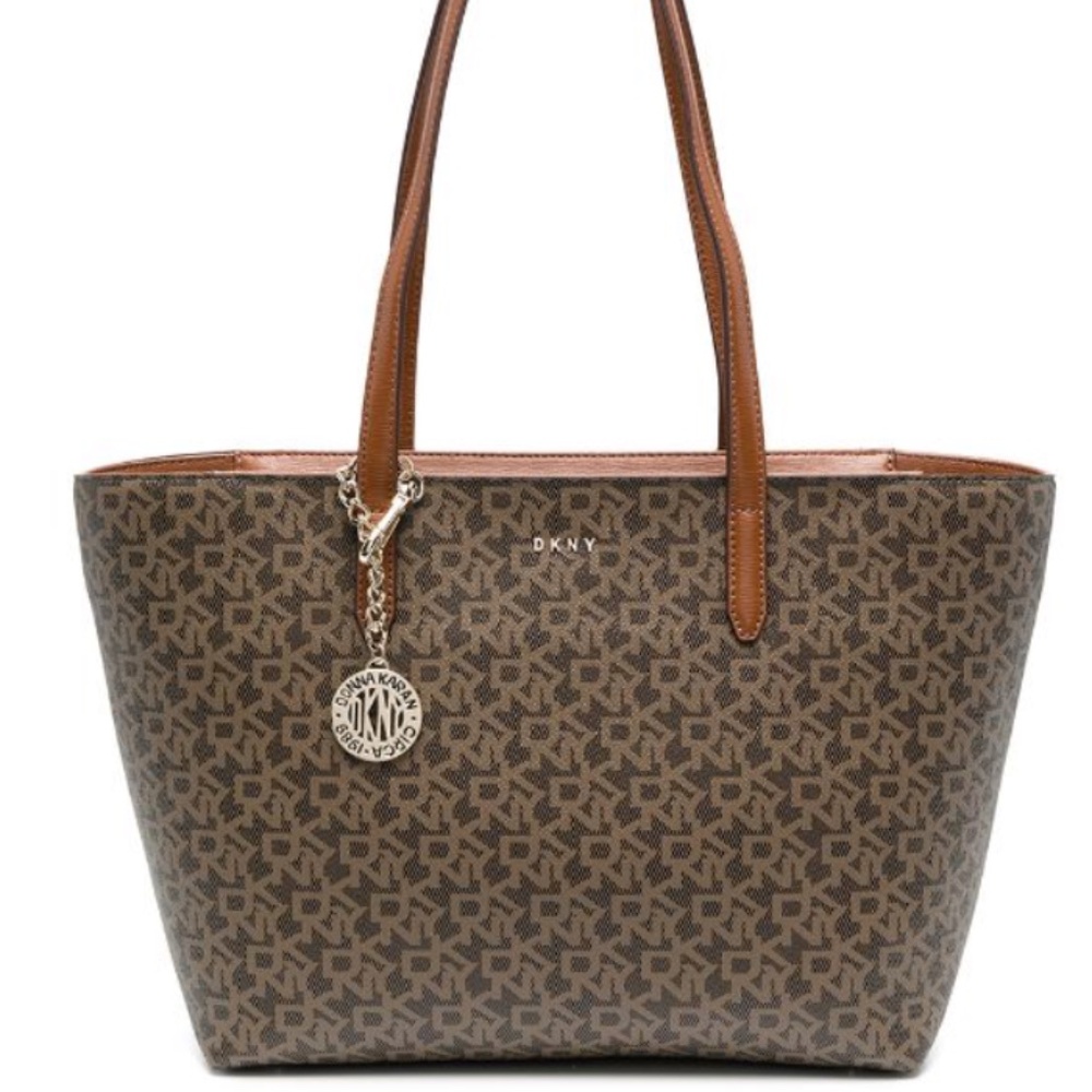 DKNY tote bag, purse light brown with dark brown letters all over tote bag